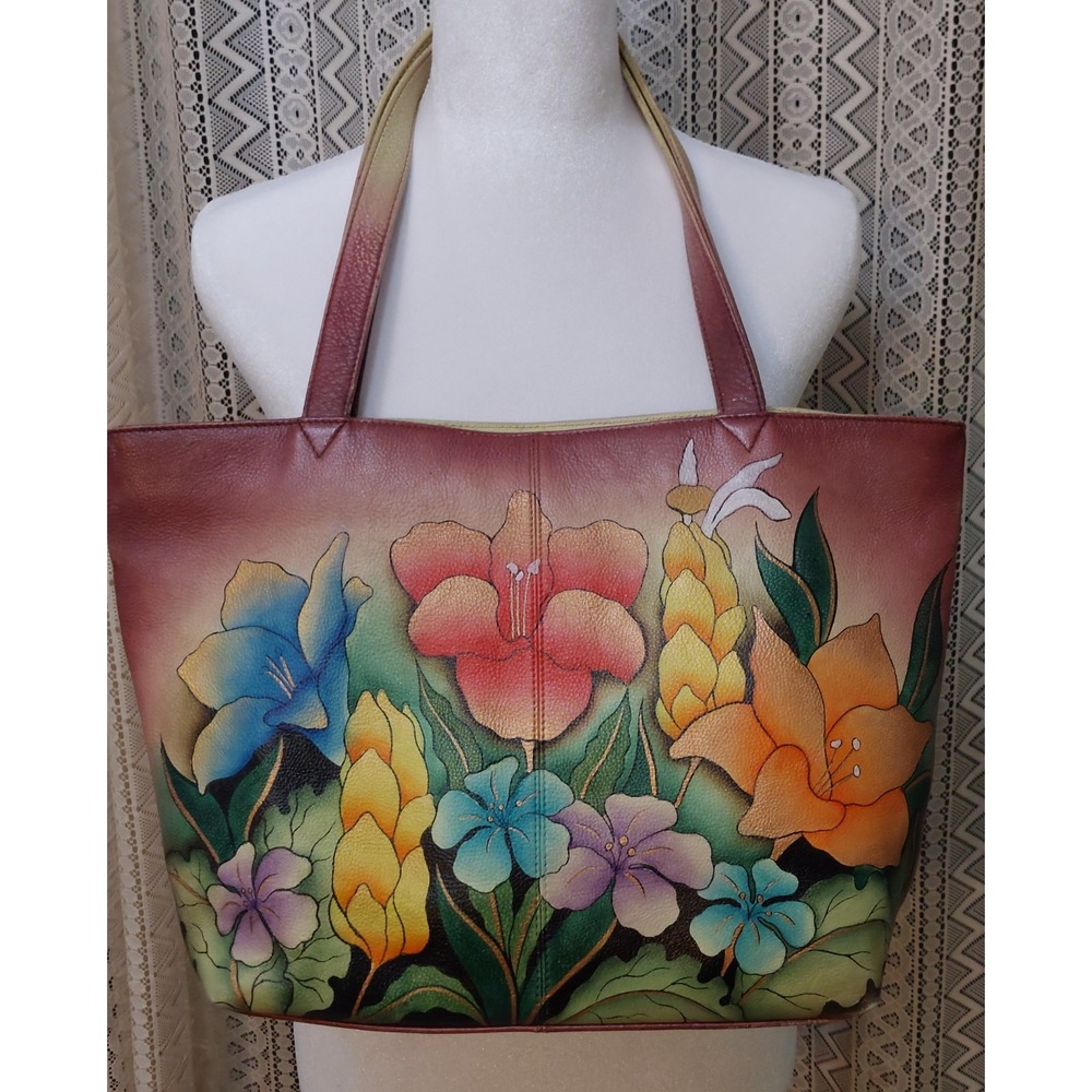 Anna by Anuschka Hand Painted Leather Art Floral Large Tote Shoulder Bag Purse